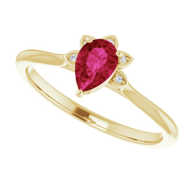 14K Gold Pear Natural Ruby & Natural Diamond Accented Ring - Yellow Gold - view 5