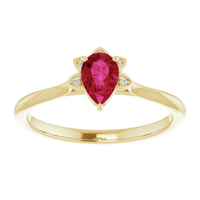 14K Gold Pear Natural Ruby & Natural Diamond Accented Ring - Yellow Gold - view 3