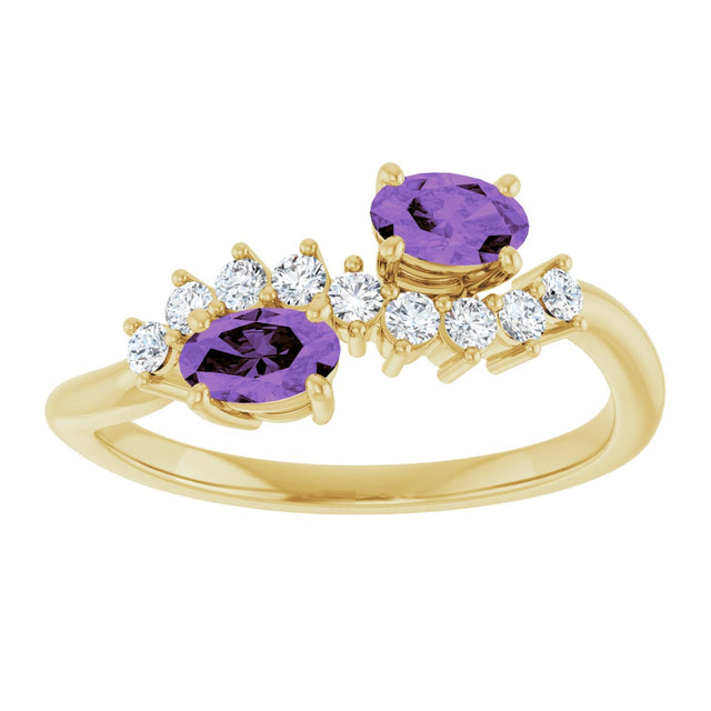 14K Gold Oval Natural Amethyst & Natural Diamond Two-Stone Ring - Yellow Gold - view 3