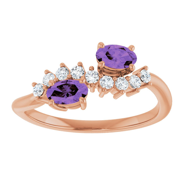 14K Gold Oval Natural Amethyst & Natural Diamond Two-Stone Ring - Rose Gold - view 3