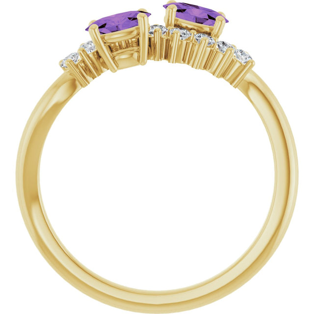 14K Gold Oval Natural Amethyst & Natural Diamond Two-Stone Ring - Yellow Gold - view 2