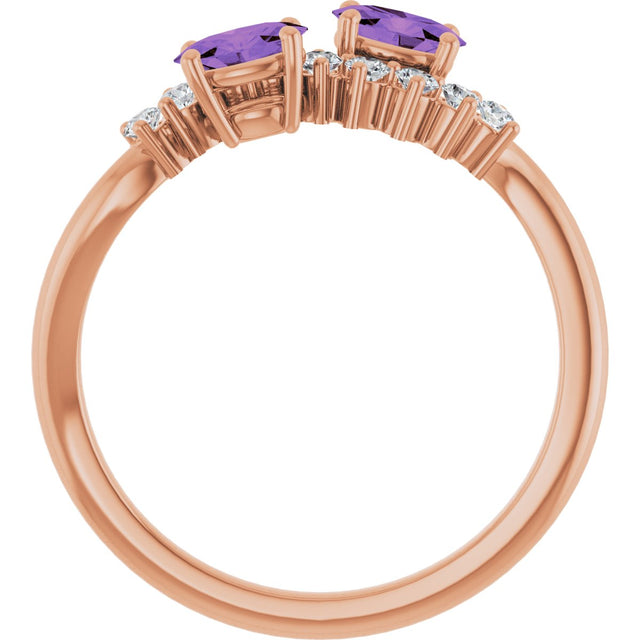 14K Gold Oval Natural Amethyst & Natural Diamond Two-Stone Ring - Rose Gold - view 2