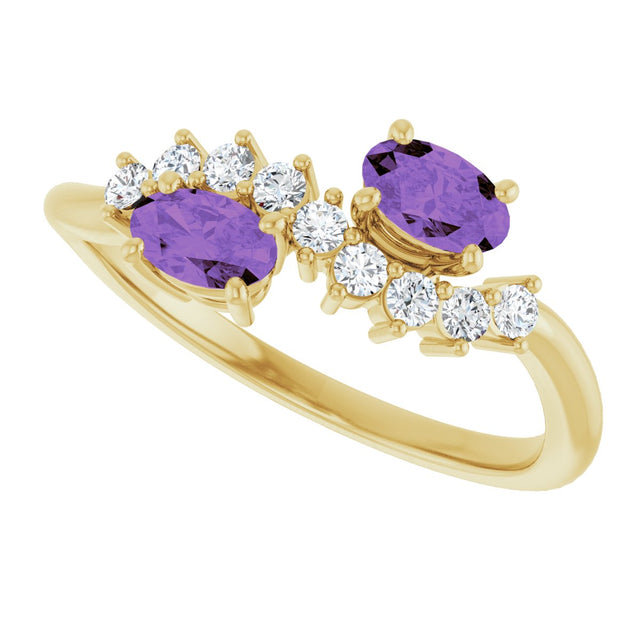 14K Gold Oval Natural Amethyst & Natural Diamond Two-Stone Ring - Yellow Gold - view 5