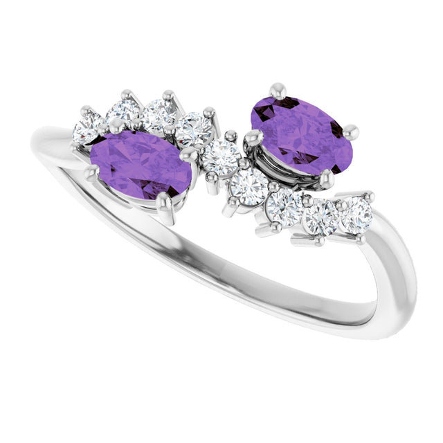 14K Gold Oval Natural Amethyst & Natural Diamond Two-Stone Ring - White Gold - view 5