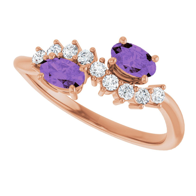 14K Gold Oval Natural Amethyst & Natural Diamond Two-Stone Ring - Rose Gold - view 5