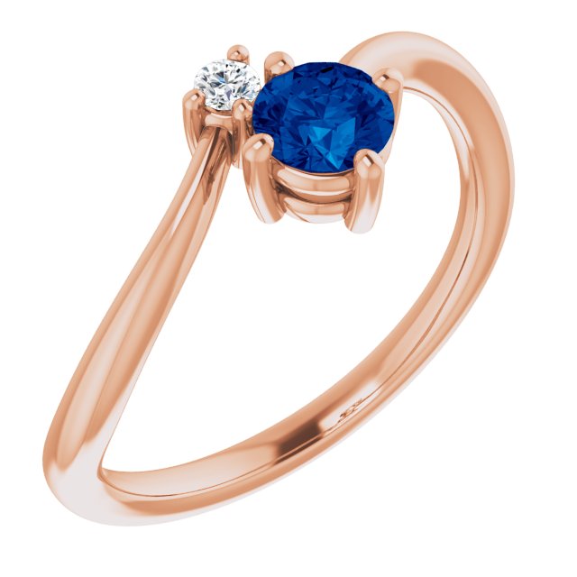 14K Gold Round Natural Blue Sapphire & Natural Diamond Accented Bypass Ring - Rose Gold