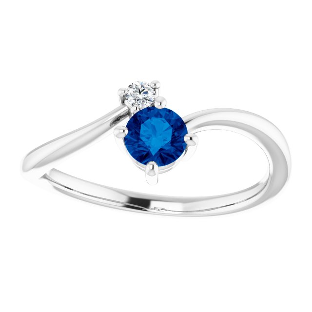 14K Gold Round Natural Blue Sapphire & Natural Diamond Accented Bypass Ring - White Gold - view 3