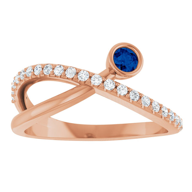 14K Gold Round Natural Blue Sapphire Criss-Cross Bezel-Set Ring – 3mm Stones - Rose Gold - view 8