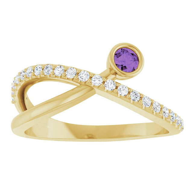 14K Gold Round Natural Amethyst Criss-Cross Bezel-Set Ring – 3mm Stones - Yellow Gold - view 8
