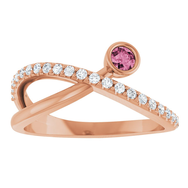 14K Gold Round Natural Pink Tourmaline Criss-Cross Bezel-Set Ring – 3mm Stones - Rose Gold - view 8