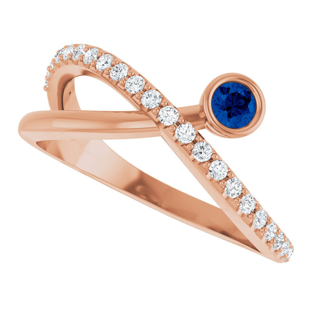 14K Gold Round Natural Blue Sapphire Criss-Cross Bezel-Set Ring – 3mm Stones - Rose Gold - view 10
