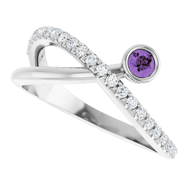 14K Gold Round Natural Amethyst Criss-Cross Bezel-Set Ring – 3mm Stones - White Gold - view 10