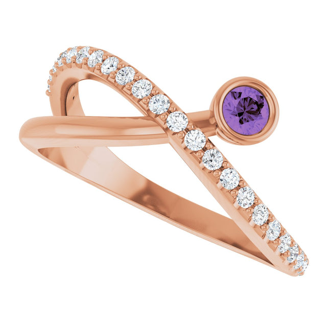 14K Gold Round Natural Amethyst Criss-Cross Bezel-Set Ring – 3mm Stones - Rose Gold - view 10