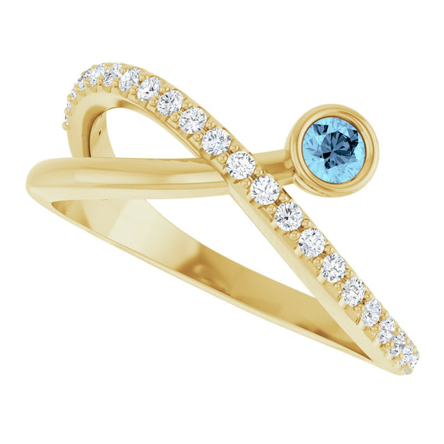 14K Gold Round Natural Aquamarine Criss-Cross Bezel-Set Ring – 3mm Stones - Yellow Gold - view 10