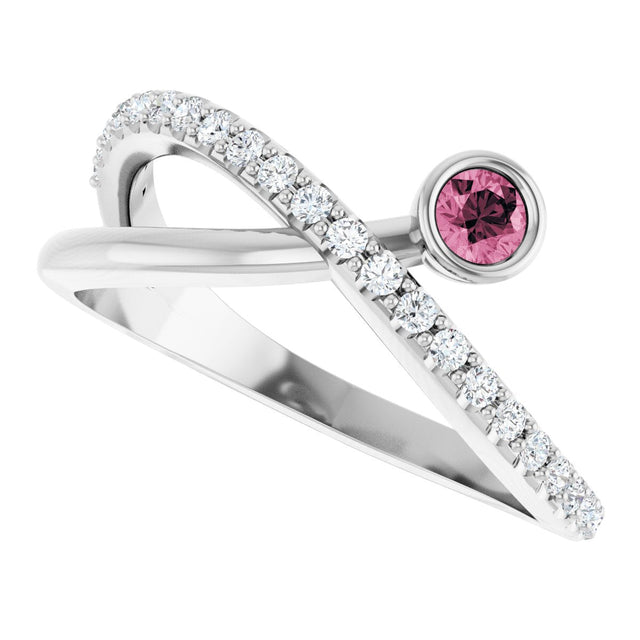 14K Gold Round Natural Pink Tourmaline Criss-Cross Bezel-Set Ring – 3mm Stones - White Gold - view 10
