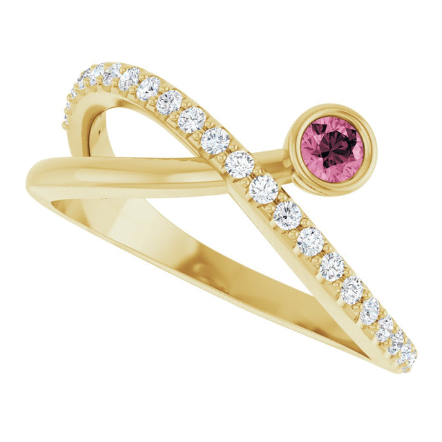 14K Gold Round Natural Pink Tourmaline Criss-Cross Bezel-Set Ring – 3mm Stones - Yellow Gold - view 10