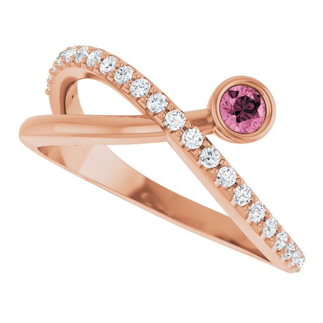 14K Gold Round Natural Pink Tourmaline Criss-Cross Bezel-Set Ring – 3mm Stones - Rose Gold - view 10