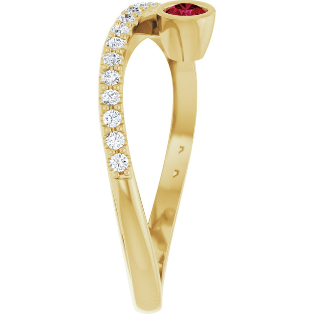 14K Gold Round Natural Ruby Criss-Cross Bezel-Set Ring – 3mm Stones - Yellow Gold - view 9