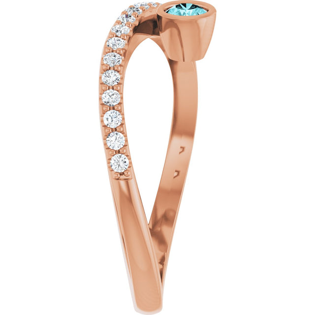 14K Gold Round Natural Blue Zircon Criss-Cross Bezel-Set Ring – 3mm Stones - Rose Gold - view 9