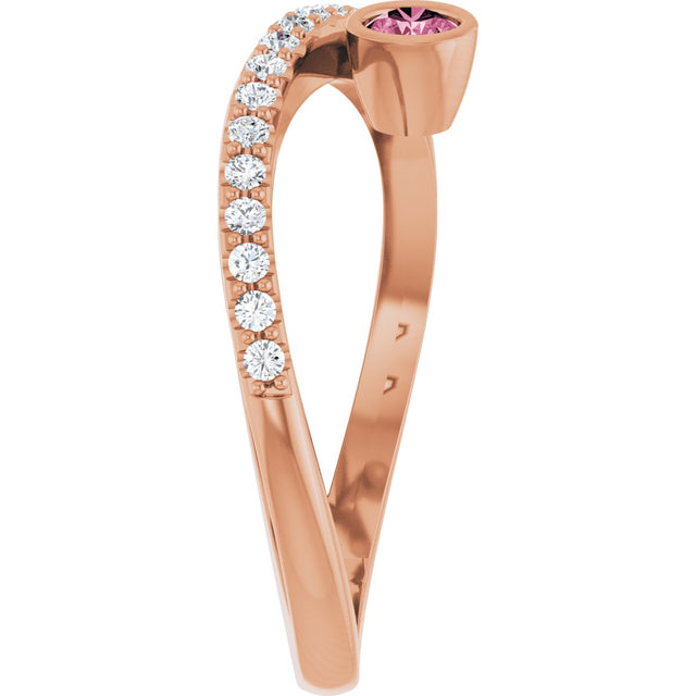 14K Gold Round Natural Pink Tourmaline Criss-Cross Bezel-Set Ring – 3mm Stones - Rose Gold - view 9