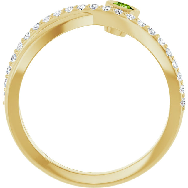 14K Gold Round Natural Peridot Criss-Cross Bezel-Set Ring – 3mm Stones - Yellow Gold - view 7