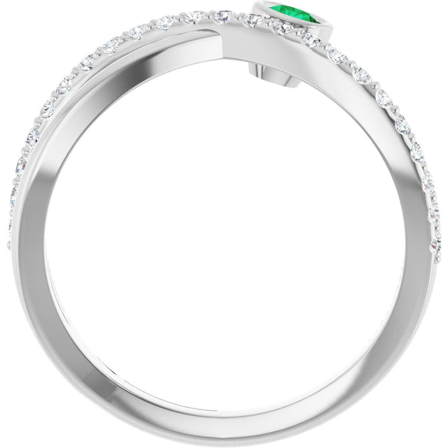 14K Gold Round Natural Emerald Criss-Cross Bezel-Set Ring – 3mm Stones - White Gold - view 7