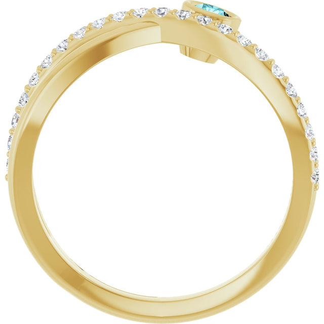 14K Gold Round Natural Blue Zircon Criss-Cross Bezel-Set Ring – 3mm Stones - Yellow Gold - view 7