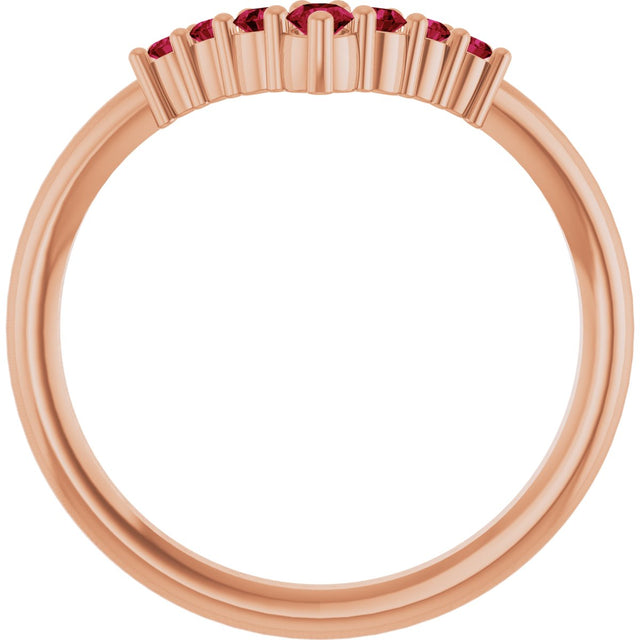 14K Gold Round Natural Ruby Graduated V Ring - Rose Gold - view 7