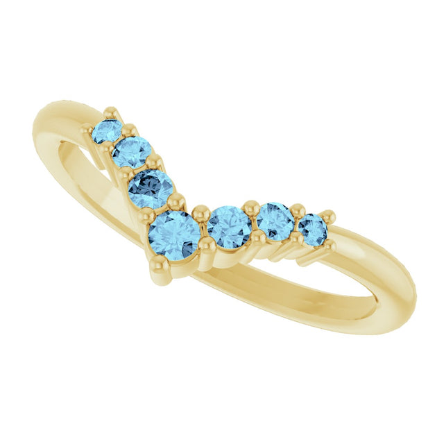 14K Gold Round Natural Aquamarine Graduated V Ring - Yellow Gold - view 10