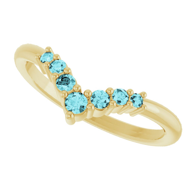 14K Gold Round Natural Blue Zircon Graduated V Ring - Yellow Gold - view 10