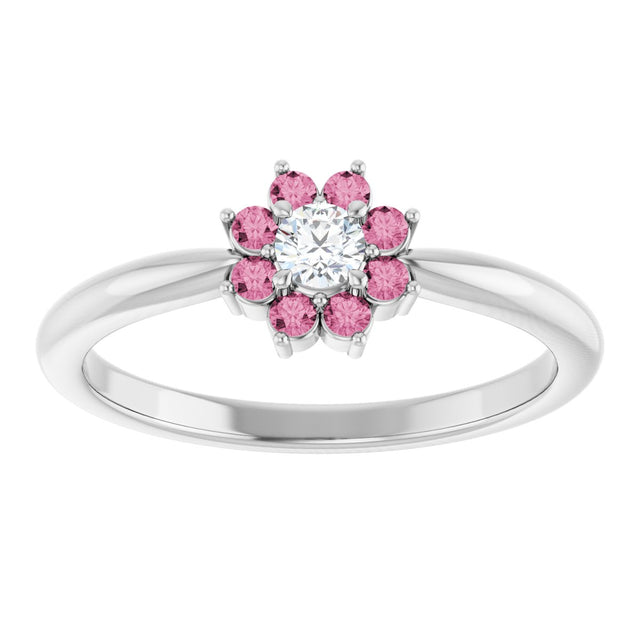 Platinum Round Natural Pink Tourmaline Youth Flower Ring - view 8