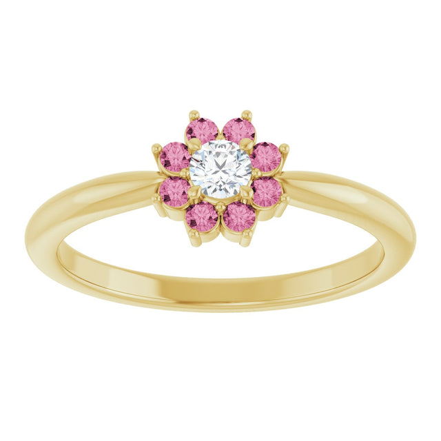 14K Gold Round Natural Pink Tourmaline Youth Flower Ring - Yellow Gold - view 8
