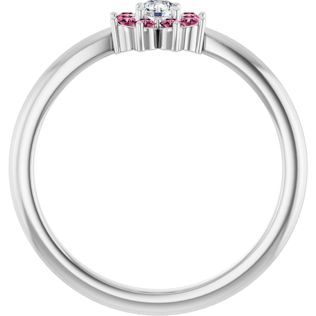 Platinum Round Natural Pink Tourmaline Youth Flower Ring - view 7