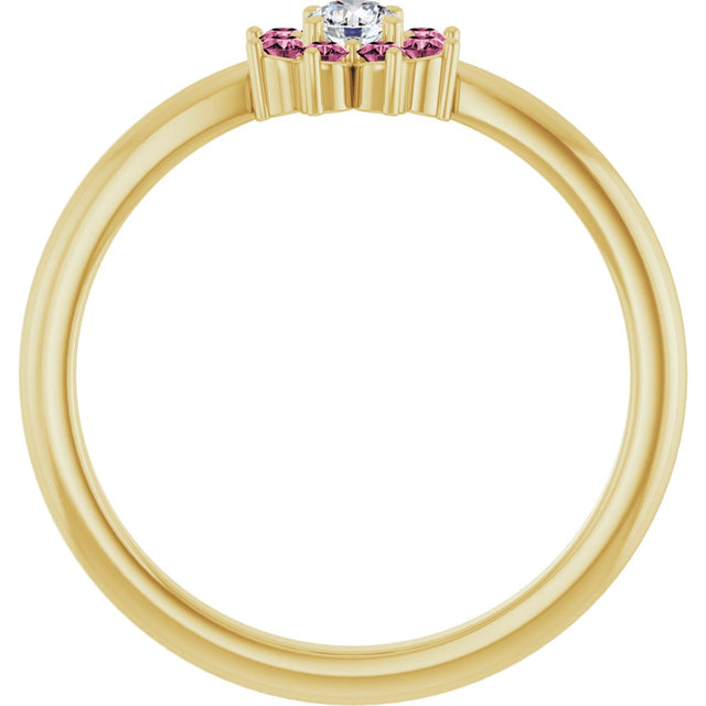 14K Gold Round Natural Pink Tourmaline Youth Flower Ring - Yellow Gold - view 7