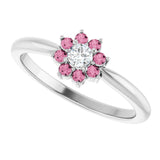 14K Gold Round Natural Pink Tourmaline Youth Flower Ring - White Gold - view 10