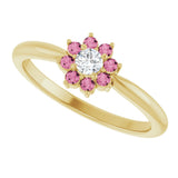 14K Gold Round Natural Pink Tourmaline Youth Flower Ring - Yellow Gold - view 10