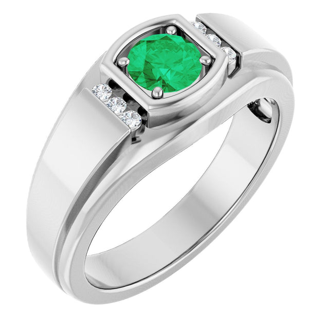 14K Gold Round Natural Emerald & Natural Diamond Accented Ring – 5.5mm Stones - White Gold