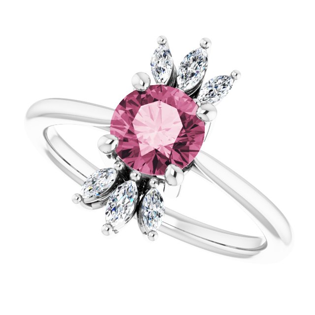Platinum Round Natural Pink Tourmaline & Natural Diamond Accented Ring - view 5