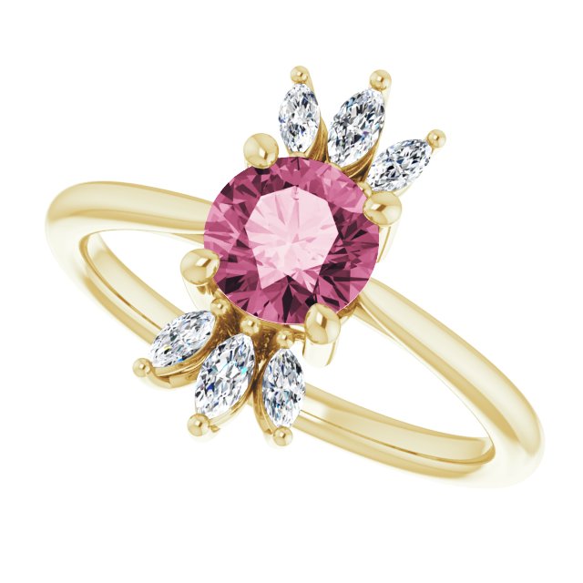 14K Gold Round Natural Pink Tourmaline & Natural Diamond Accented Ring - Yellow Gold - view 5