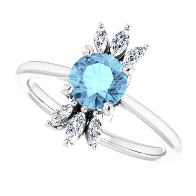 14K Gold Round Natural Aquamarine & Natural Diamond Accented Ring III - White Gold - view 5