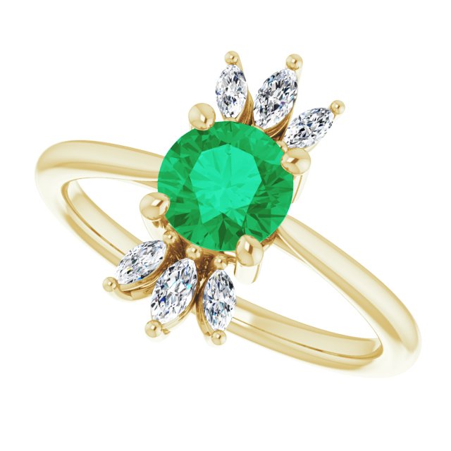 14K Gold Round Natural Emerald & Natural Diamond Accented Ring – 6mm Stones - Yellow Gold - view 5