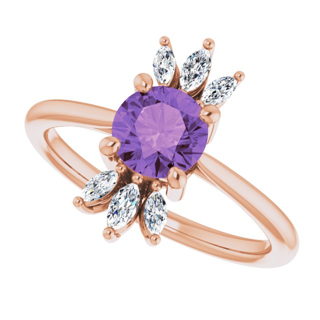 14K Gold Round Natural Amethyst & Natural Diamond Accented Ring – 6mm Stones - Rose Gold - view 5