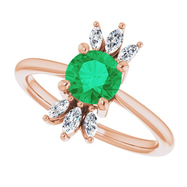 14K Gold Round Natural Emerald & Natural Diamond Accented Ring – 6mm Stones - Rose Gold - view 5