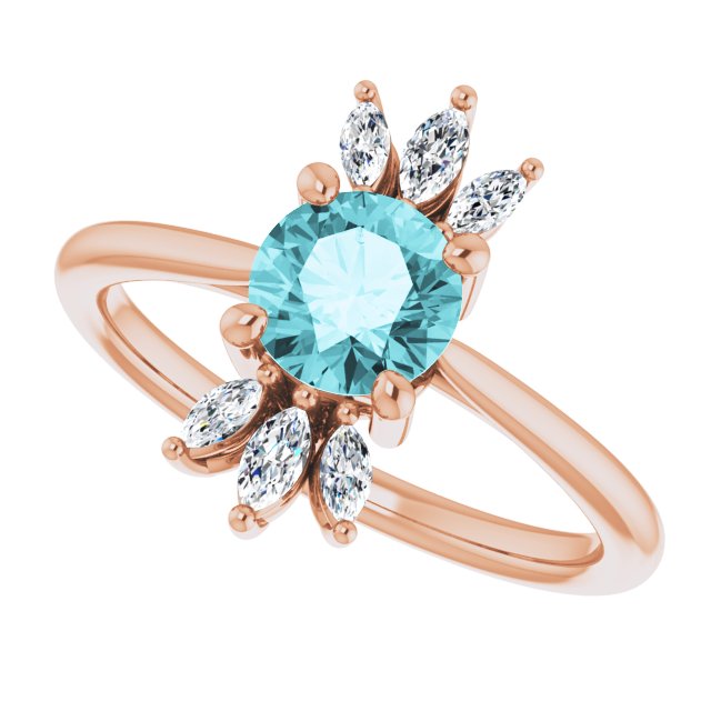 14K Gold Round Natural Blue Zircon & Natural Diamond Accented Ring – 6mm Stones - Rose Gold - view 5