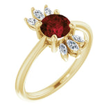 14K Gold Round Natural Mozambique Garnet & Natural Diamond Accented Ring – 6mm Stones - Yellow Gold