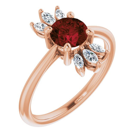 14K Gold Round Natural Mozambique Garnet & Natural Diamond Accented Ring – 6mm Stones - Rose Gold
