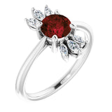 14K Gold Round Natural Mozambique Garnet & Natural Diamond Accented Ring – 6mm Stones - White Gold