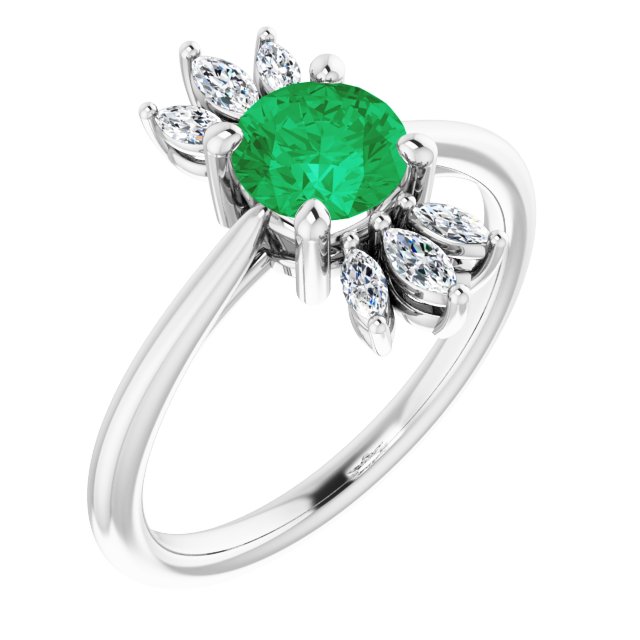 14K Gold Round Natural Emerald & Natural Diamond Accented Ring – 6mm Stones - White Gold
