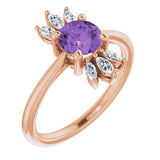 14K Gold Round Natural Amethyst & Natural Diamond Accented Ring – 6mm Stones - Rose Gold