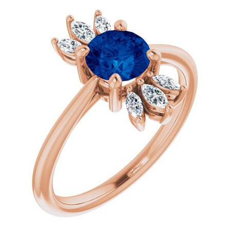 14K Gold Round Natural Blue Sapphire & Natural Diamond Accented Ring - Rose Gold